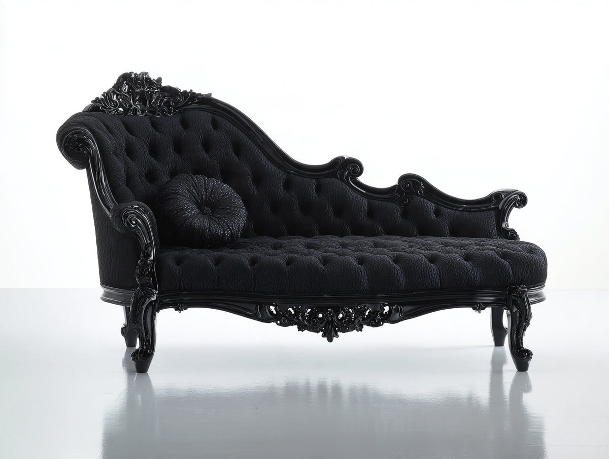 Chaise longue tapizada 205x90x115 cm - negro - diseño barroco con capitoné y estructura tallada