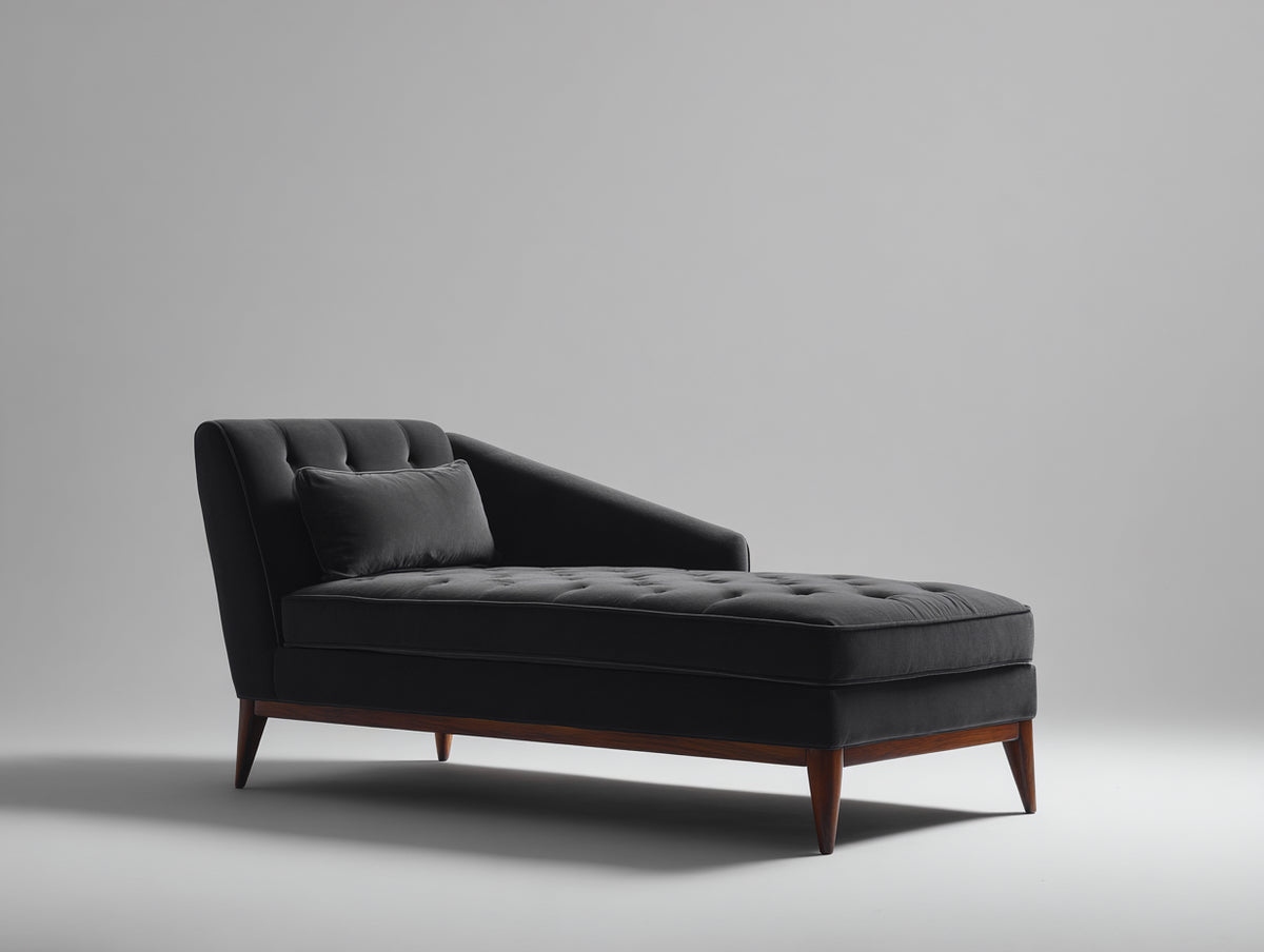 Chaise longue tapizada 185 x 85 x 85 cm - negro y madera oscura - asiento capitoné con respaldo inclinado