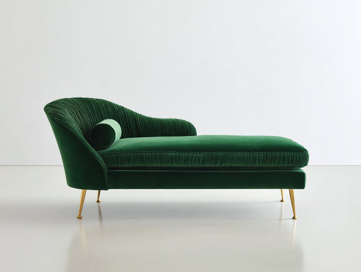 Chaise longue tapizada en terciopelo 190 x 85 x 85 cm - verde esmeralda y dorado - respaldo curvado con diseño elegante para salón