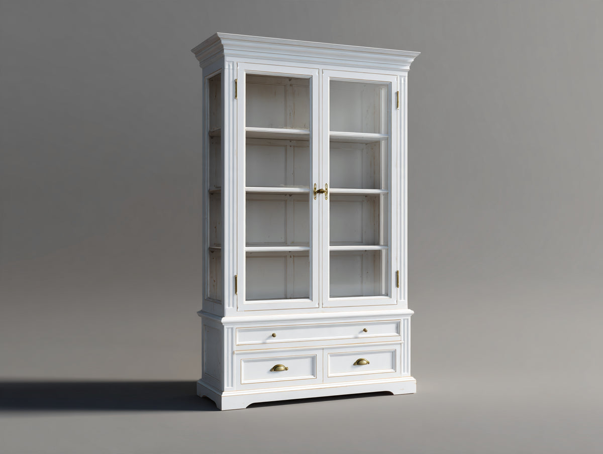 Vitrina de madera con 2 puertas de cristal y 3 cajones 100 x 45 x 190 cm - blanco envejecido y dorado - diseño clásico para salón y comedor