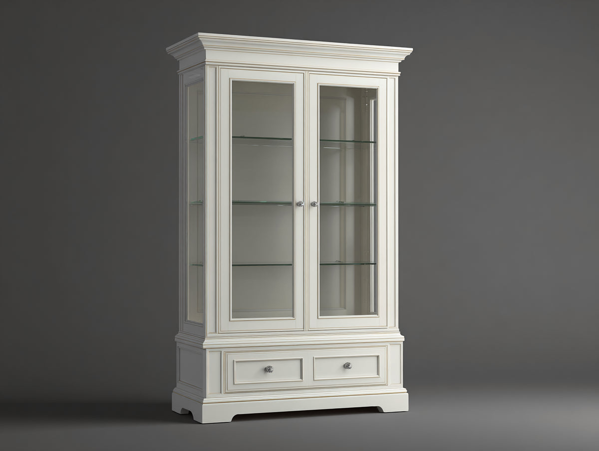 Vitrina de madera y cristal 110x45x195 cm - blanco marfil - estilo clásico con 2 puertas acristaladas y 1 cajón