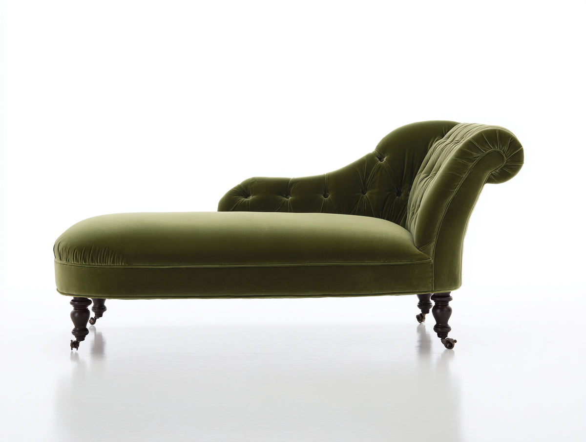 Chaise longue de terciopelo 178 x 82 x 88 cm - verde oliva y madera oscura - respaldo capitoné con brazo enrollado
