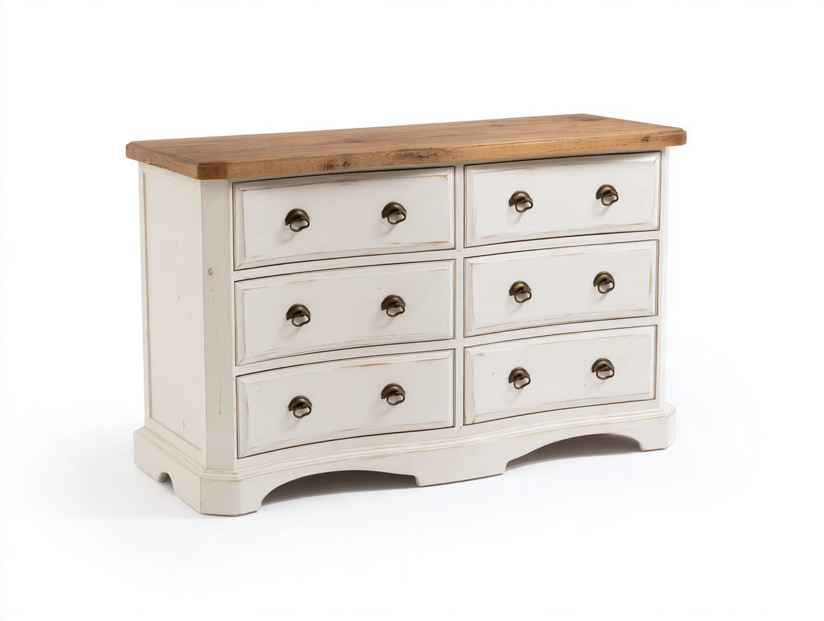 Cómoda de 6 cajones 120x45x90 cm - blanco y madera natural - tiradores metálicos y diseño rústico