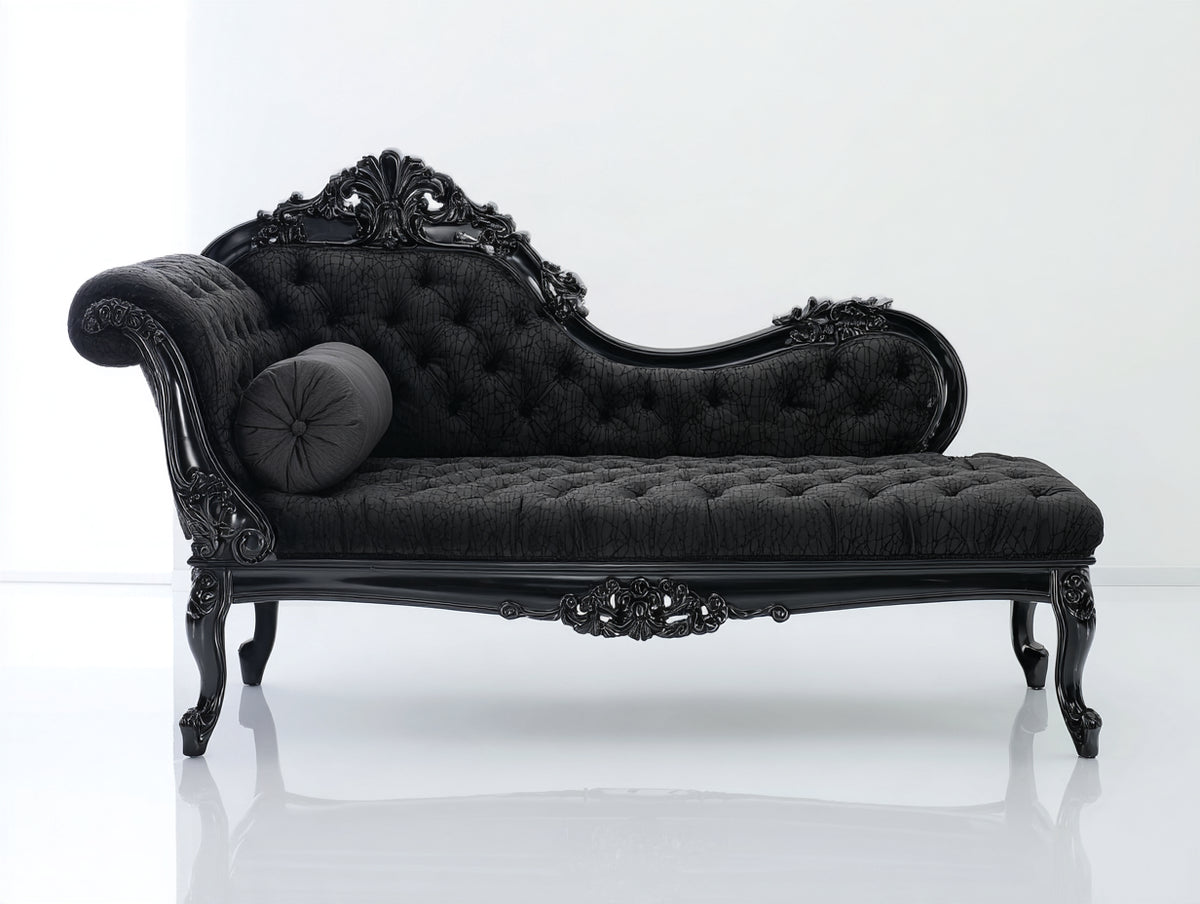 Chaise longue tapizada en tela 190 x 85 x 100 cm - negro - respaldo capitoné y estructura tallada de estilo barroco para salón