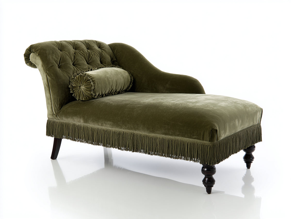 Chaise longue tapizada en terciopelo 185x85x90 cm - verde oliva y marrón oscuro - estilo clásico con respaldo capitoné y flecos decorativos