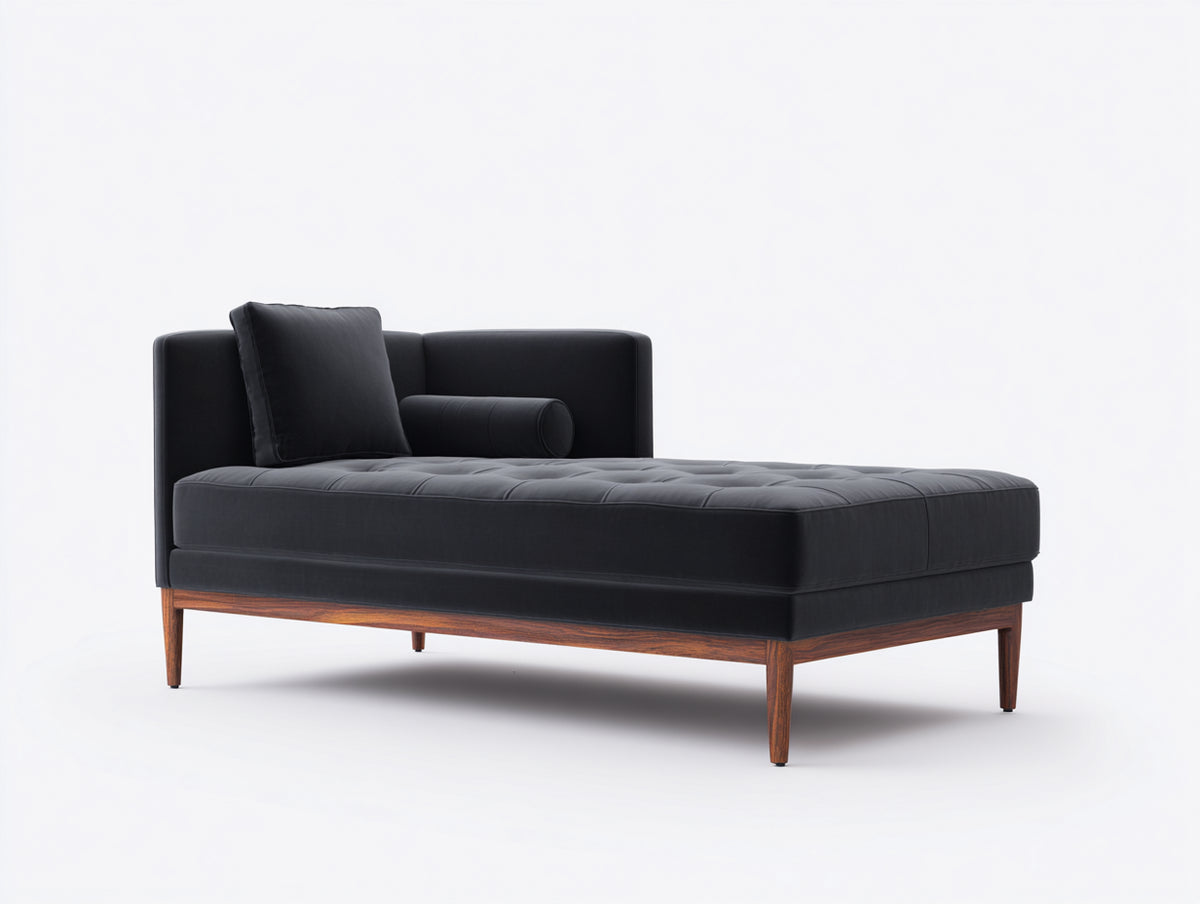 Chaise longue tapizada en terciopelo 180 x 85 x 78 cm - negro y nogal - asiento capitoné de diseño moderno para salón