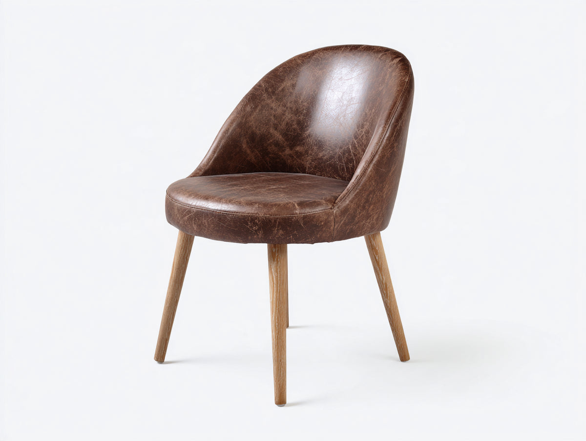 Silla de comedor tapizada en piel sintética con patas de madera 60 x 58 x 82 cm - marrón oscuro y roble natural - diseño envolvente de estilo vintage